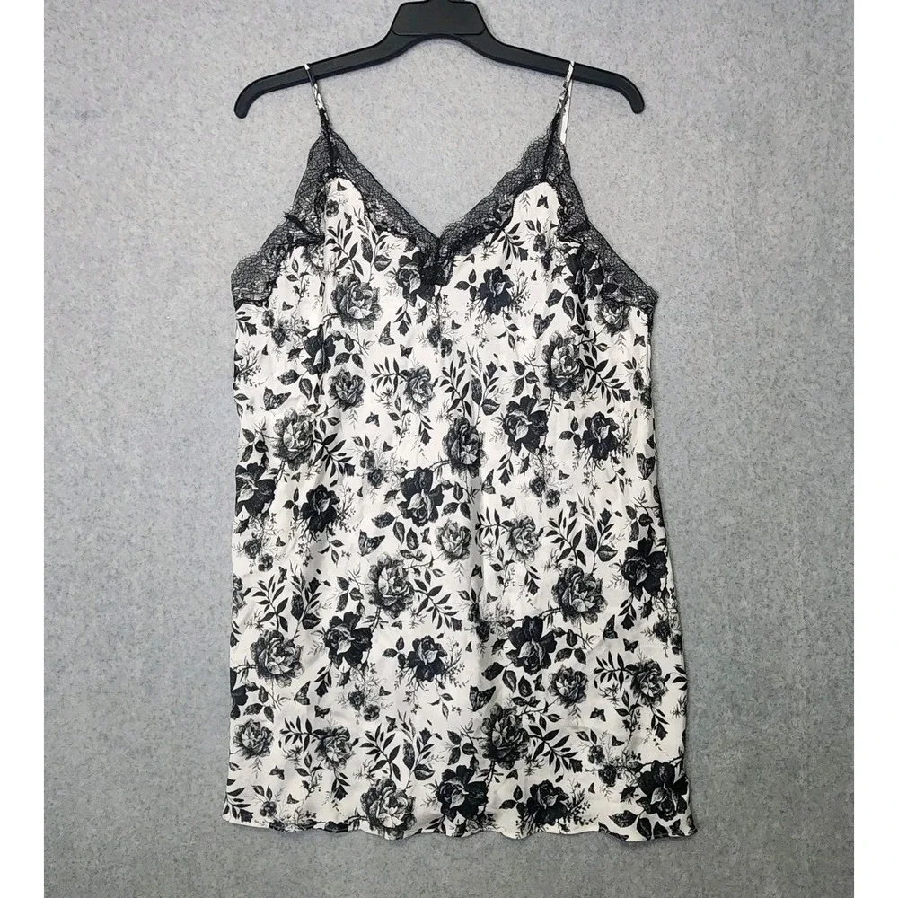 Victorias Secret Womens XXL Satin Lace Trim‎ Slip Dress Nightwear Black Floral